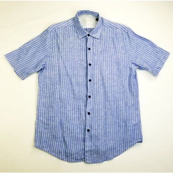 Tasso Elba Medium Size 15-15.5 Men's Blue White Striped Polka Dot Linen Shirt - Picture 1 of 7